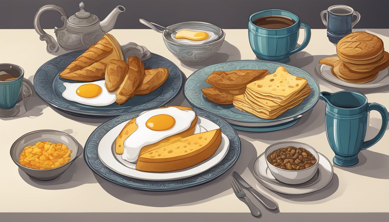 A table set with modern breakfast options surrounded by ancient artifacts