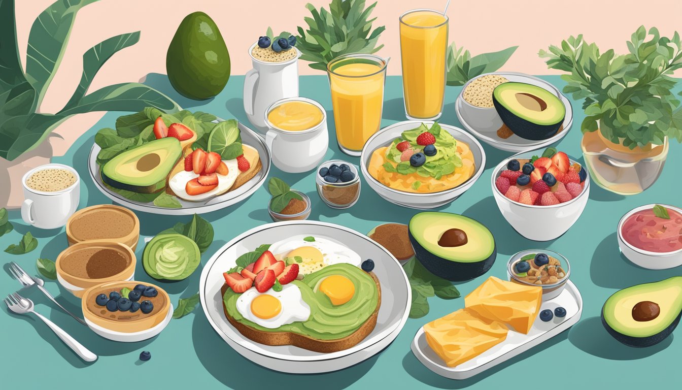 A modern breakfast scene with a variety of innovative dishes and ingredients, such as avocado toast, smoothie bowls, and plant-based alternatives