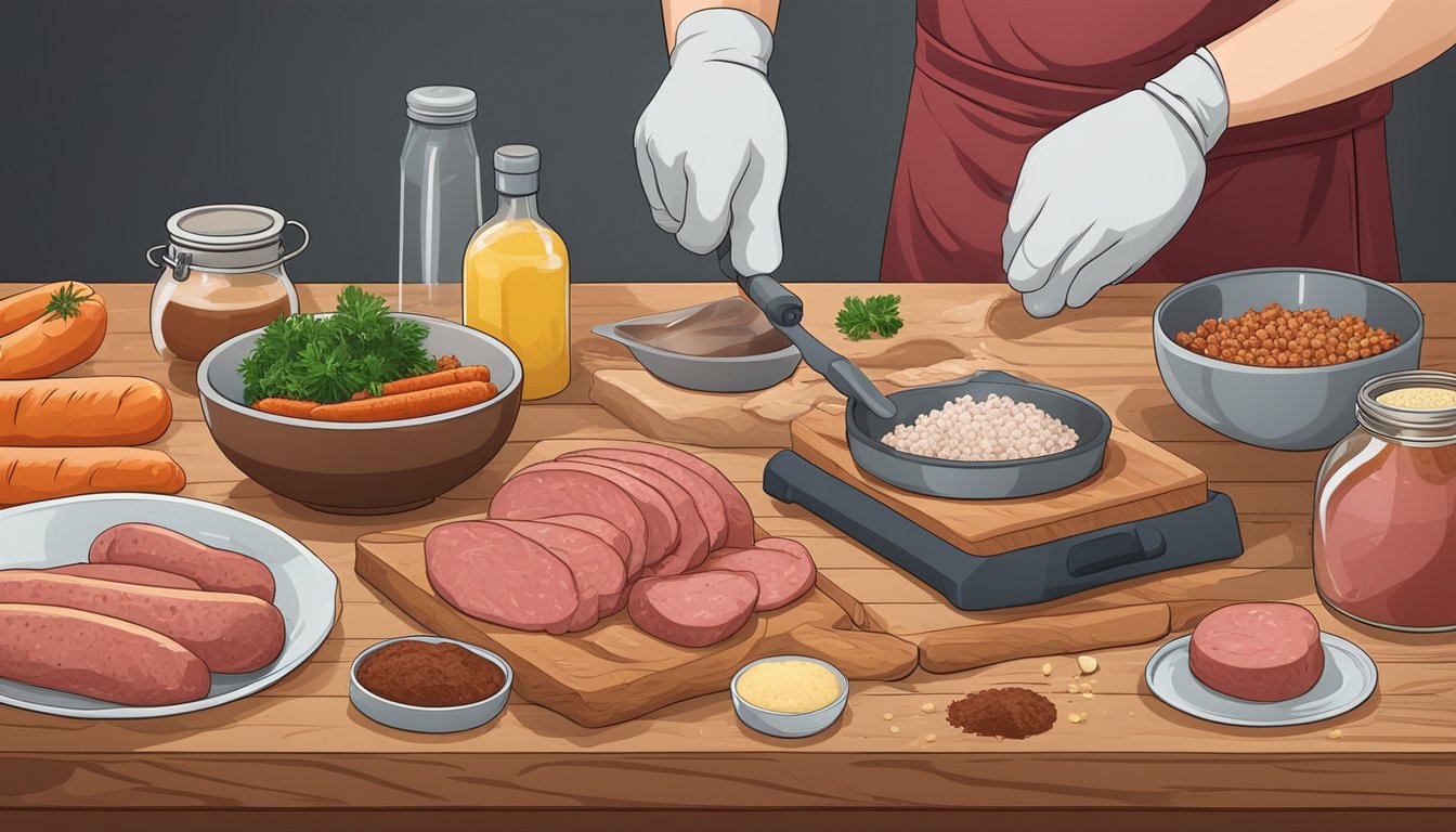 A butcher grinds meat, mixes seasoning, and stuffs casings for breakfast sausages. Ingredients and equipment are laid out on a wooden table