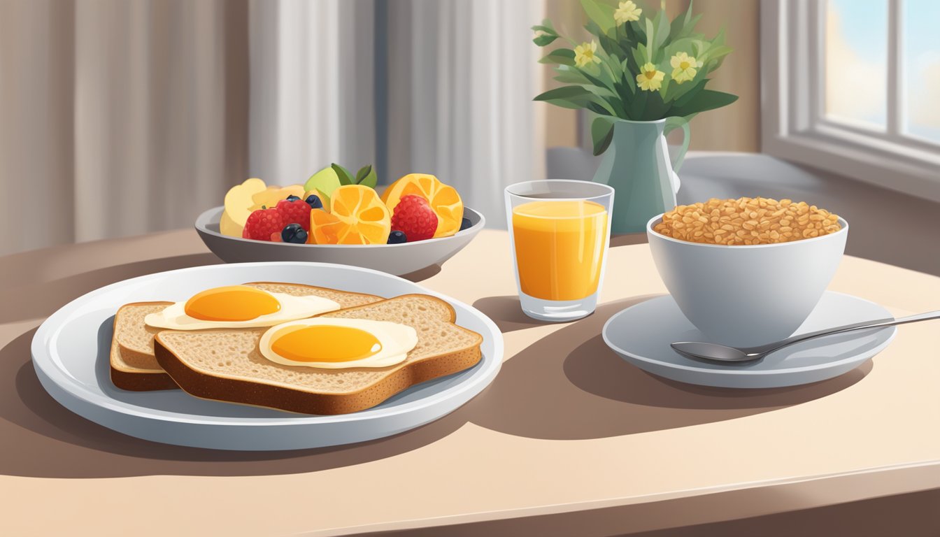 A breakfast table with a glass of Carnation Instant Breakfast next to a bowl of fruit and a plate of whole grain toast