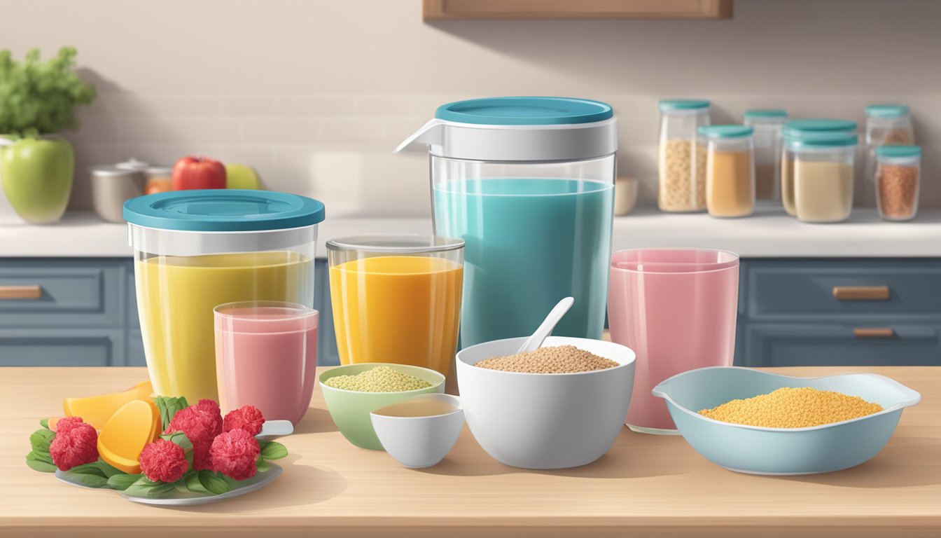 A kitchen counter with multiple containers of Carnation Instant Breakfast, a measuring cup, and a nutrition guide