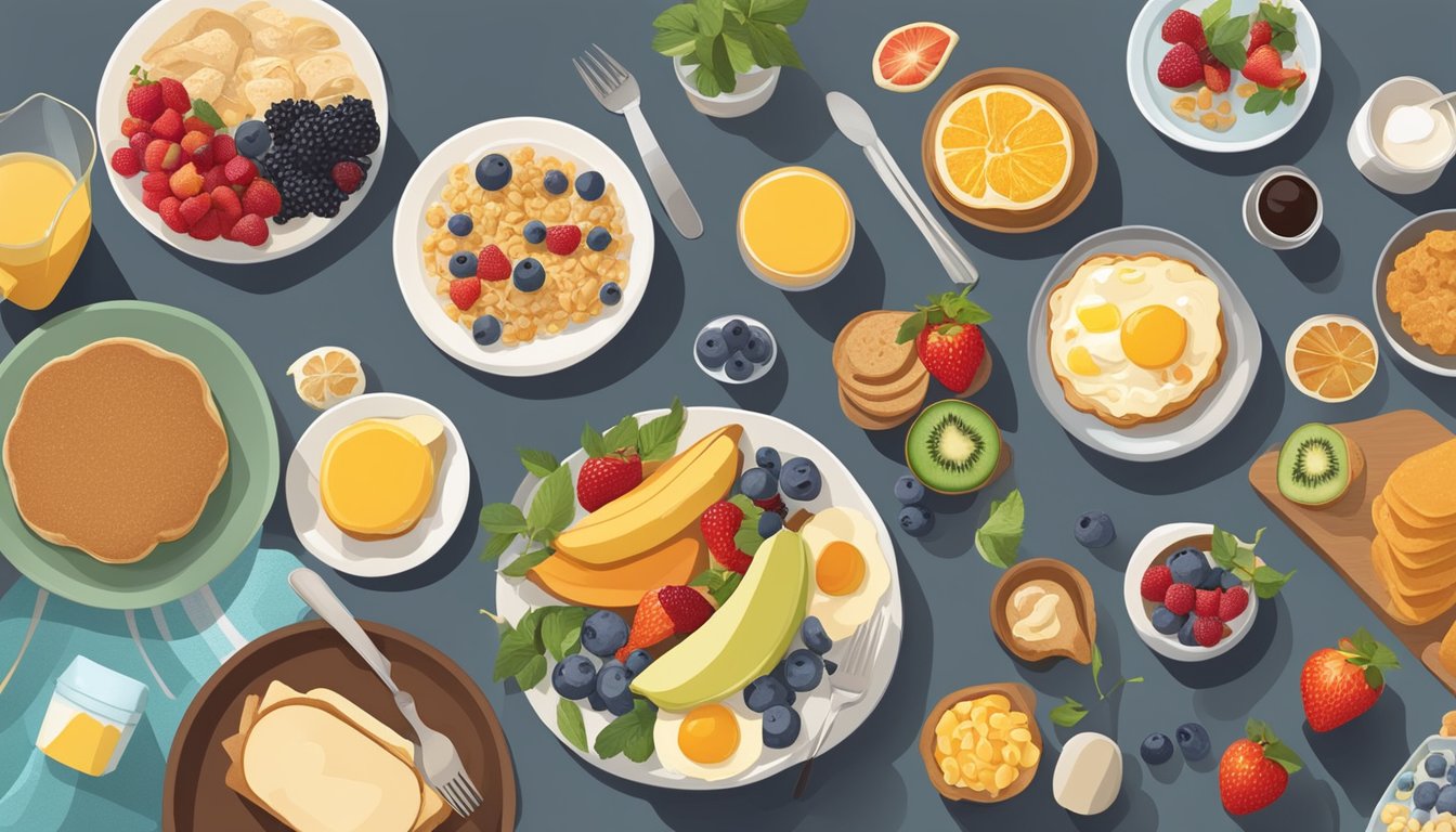 A diverse spread of breakfast foods arranged on a table, including fruits, cereals, and various dietary options, with different age groups enjoying their meals