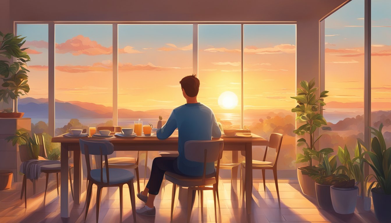 A vibrant sunrise over a serene landscape, with a table set for breakfast and a person engaging in a morning activity with energy and focus