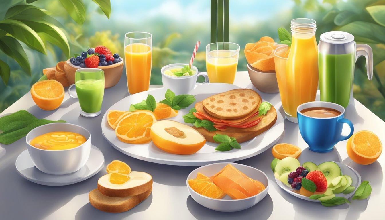 A vibrant breakfast table with a variety of nutritious foods and drinks, surrounded by a bright and energizing morning atmosphere