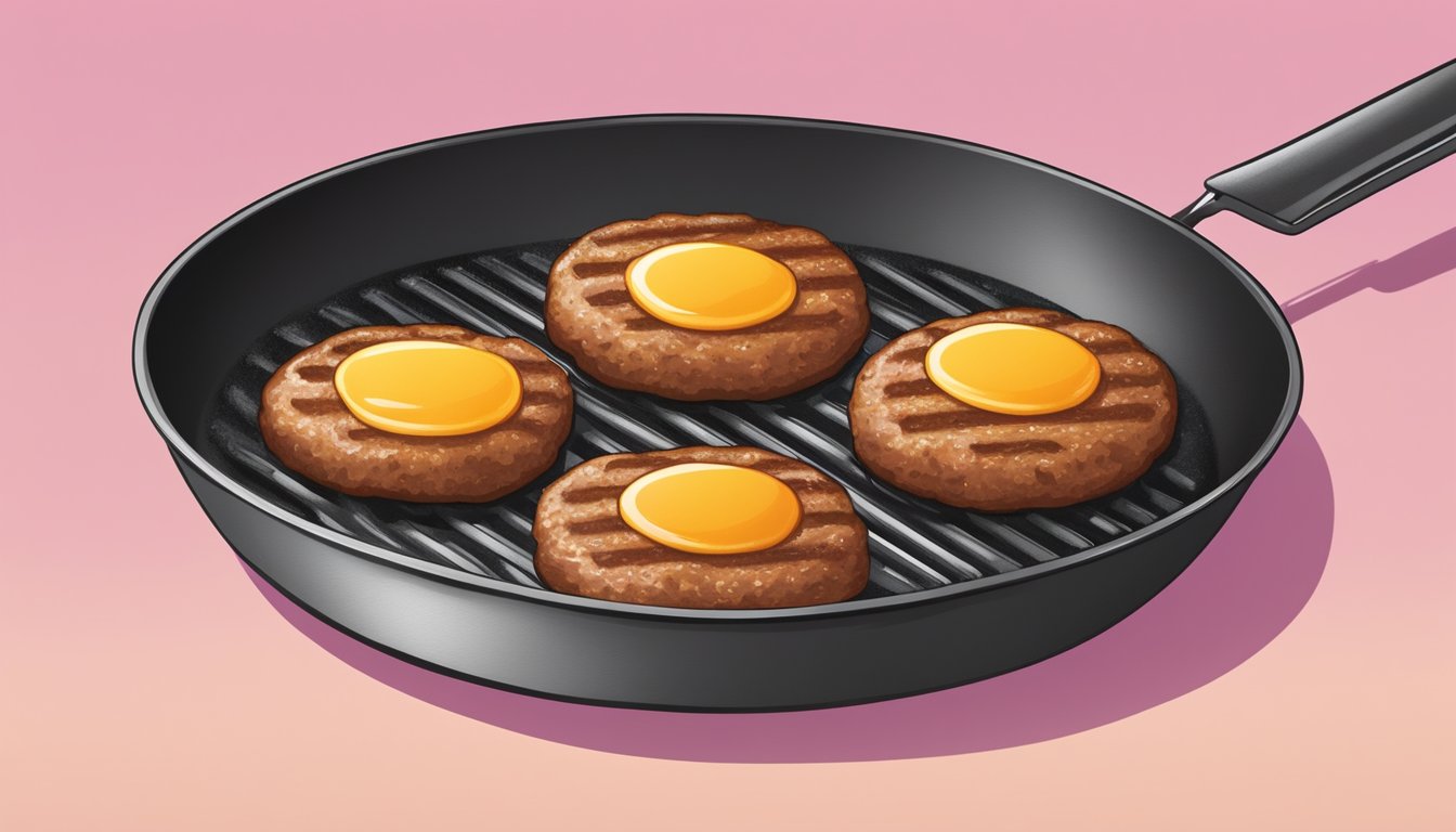 A sizzling breakfast sausage patty cooks on a hot skillet, turning from pink to golden brown. A spatula flips it over as it sizzles