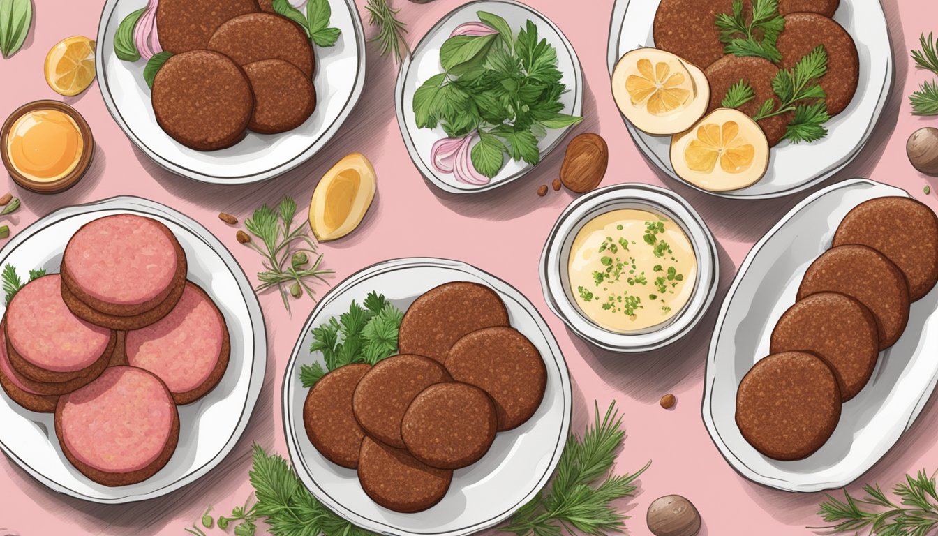 A plate of breakfast sausage patties with varying shades of pink and brown, surrounded by a selection of fresh herbs and spices