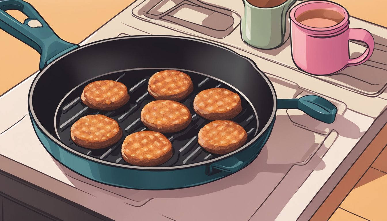 A person cooking breakfast sausage patties on a hot skillet, ensuring they are fully cooked and not pink in the middle