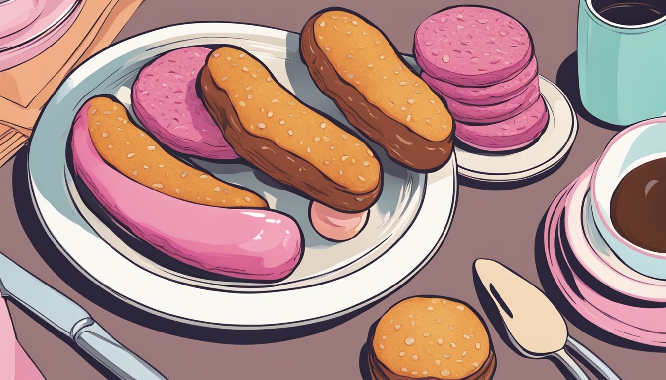 A breakfast plate with pink sausage patties, a concerned person inspecting them