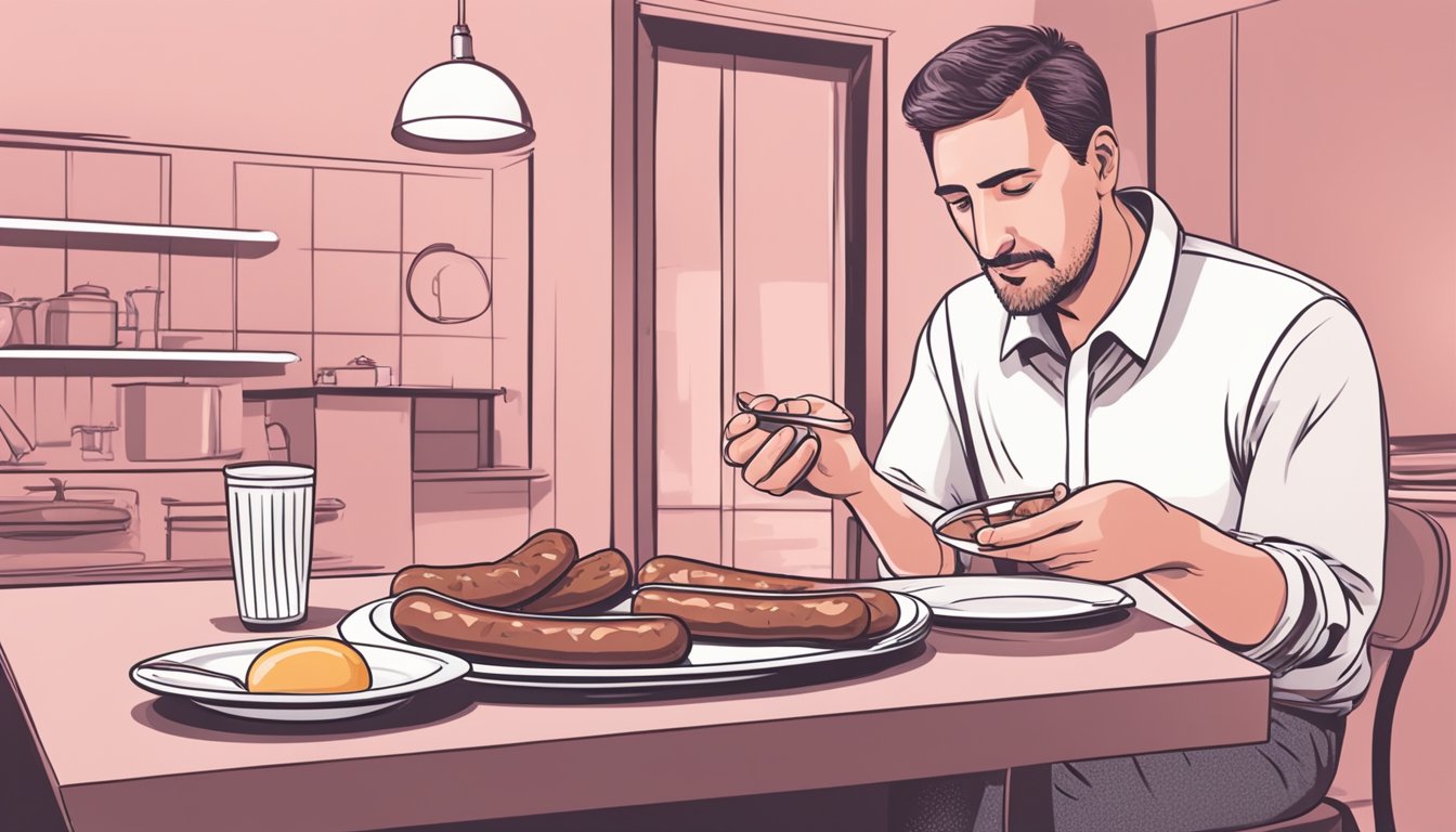 A plate of breakfast sausages with a slight pink hue, being examined by a concerned individual with a furrowed brow