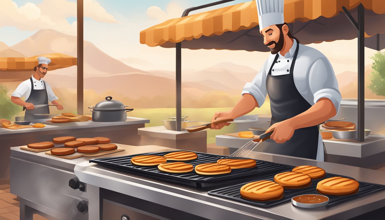 A chef grilling sausage patties on a sizzling hot griddle, ensuring they are cooked to perfection with a golden brown exterior