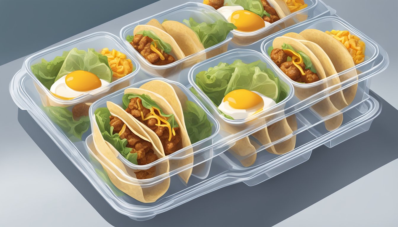 A batch of breakfast tacos being wrapped in plastic and placed in a freezer