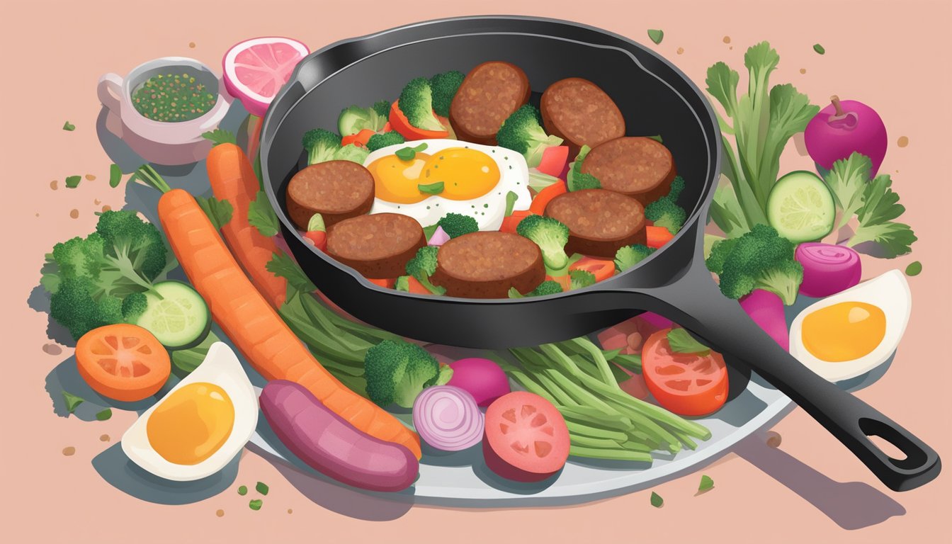 A skillet sizzling with breakfast sausages, some showing a hint of pink in the middle. Chopped vegetables and seasonings scattered nearby