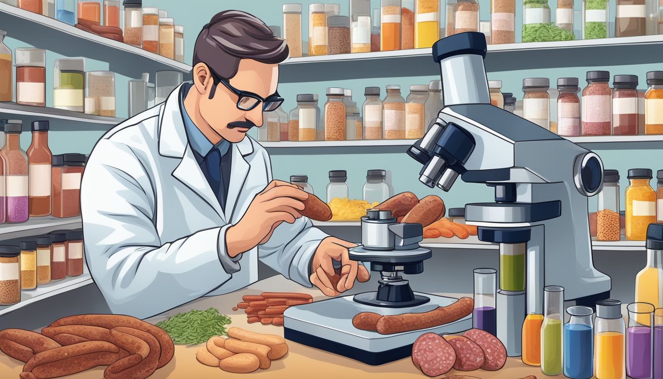 A scientist examines various sausage additives under a microscope, comparing their chemical compositions