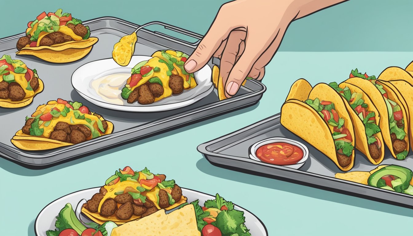 A hand placing frozen breakfast tacos on a baking sheet, then serving them on a plate