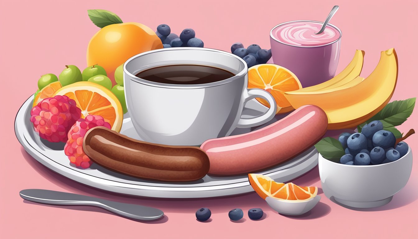 A plate of breakfast sausages with a slight pink hue, surrounded by colorful fruits and a steaming cup of coffee