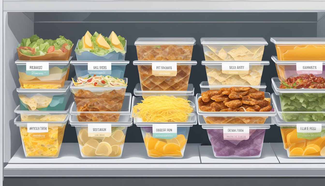 A variety of breakfast tacos arranged in a freezer, with labels indicating different fillings and toppings