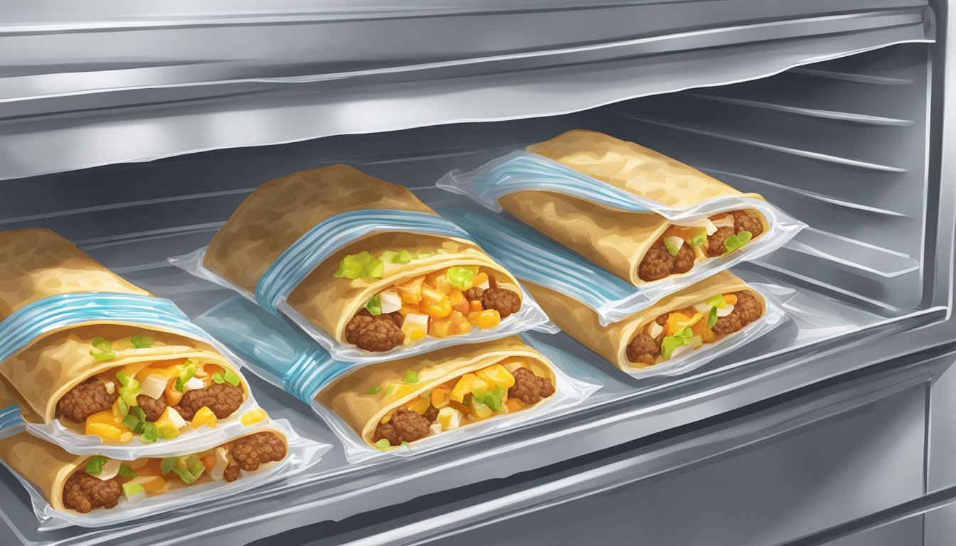 A plate of breakfast tacos being wrapped in plastic wrap and placed into a freezer