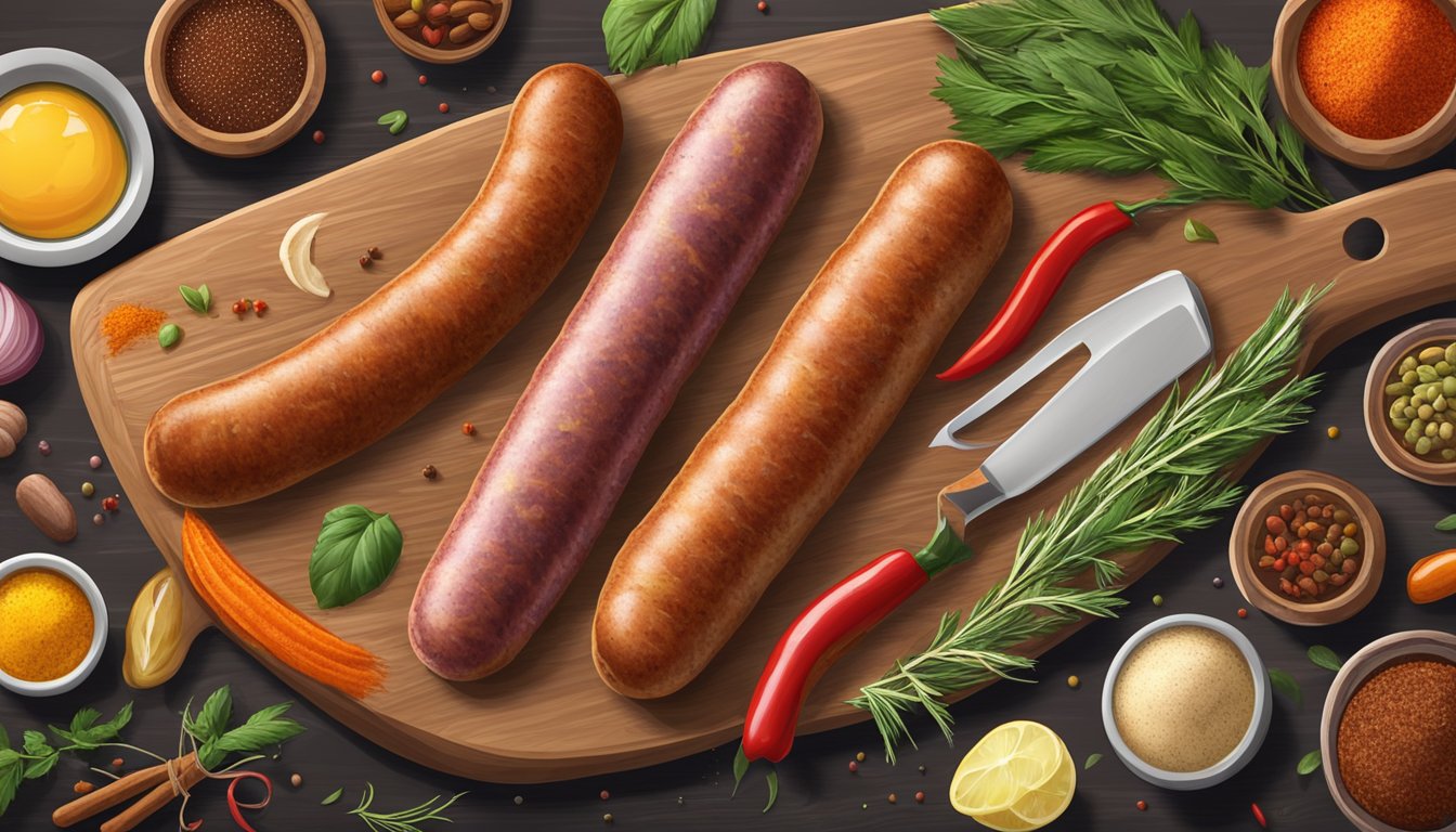 A breakfast sausage and an Italian sausage sit side by side on a wooden cutting board, surrounded by colorful spices and herbs