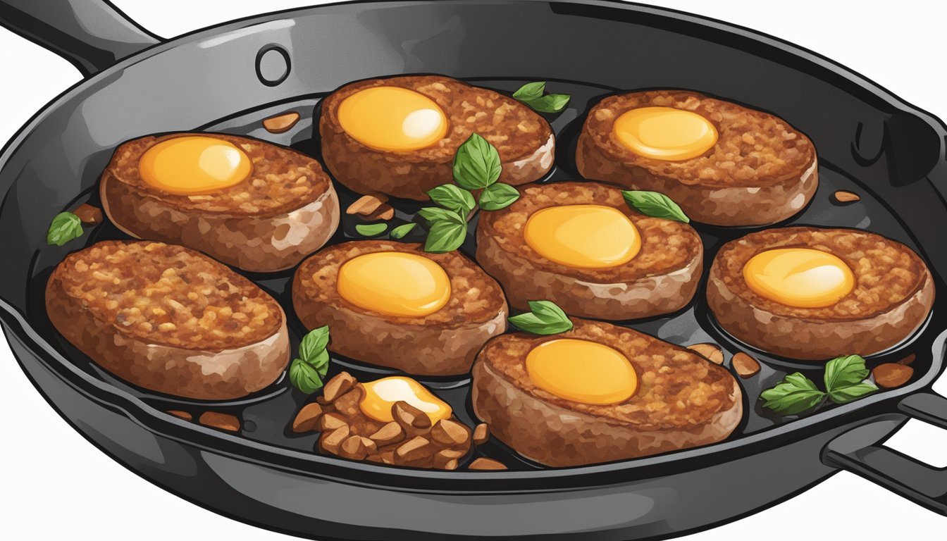 A sizzling breakfast sausage sits in a hot skillet, releasing a savory aroma as it cooks to perfection