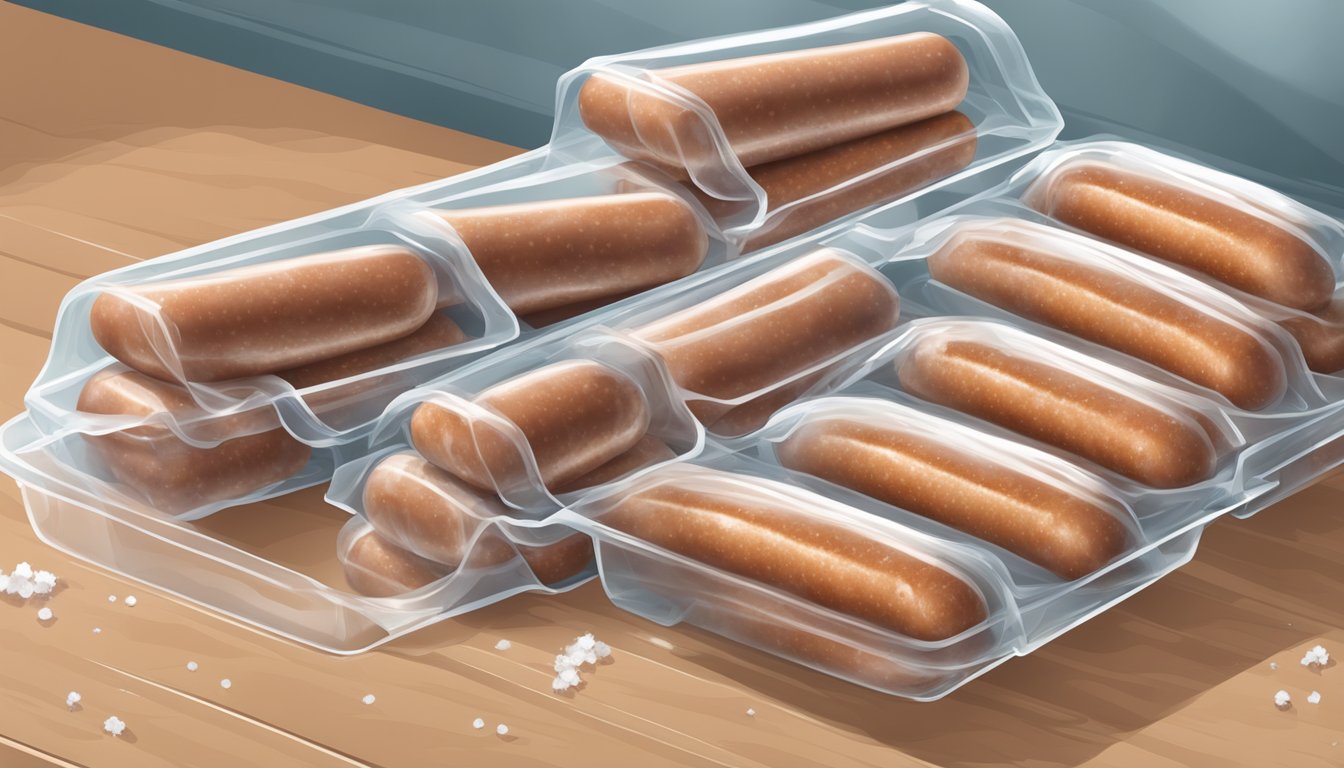 A package of breakfast sausages being placed in the freezer, with ice crystals forming on the plastic wrapping