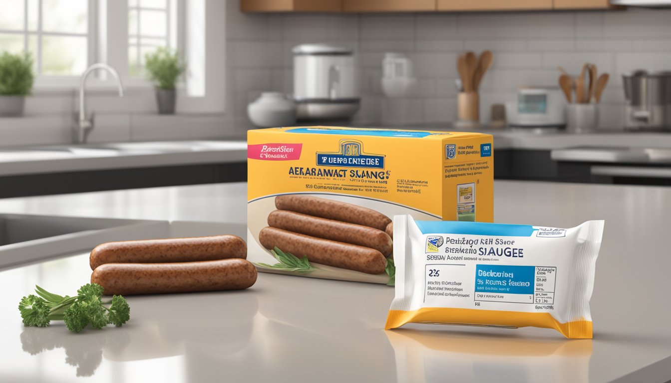 A package of breakfast sausages sitting on a kitchen counter, with a date label indicating expiration