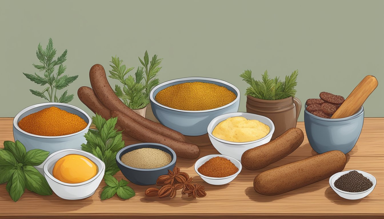 A variety of spices and herbs arranged on a wooden table, with a bowl of breakfast sausage and Italian sausage side by side