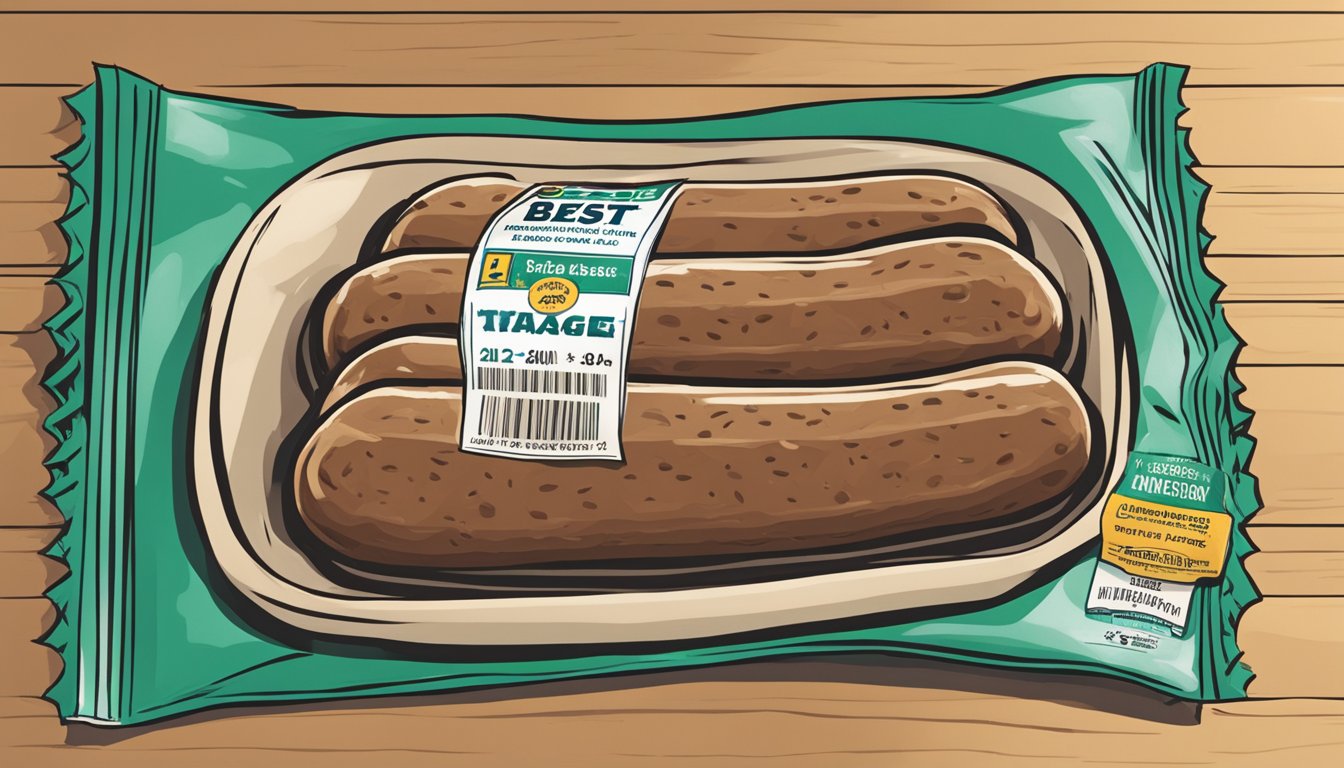 A package of breakfast sausage sits on a kitchen counter, with a "best by" date clearly visible. A question mark hovers over the package, hinting at its potential expiration