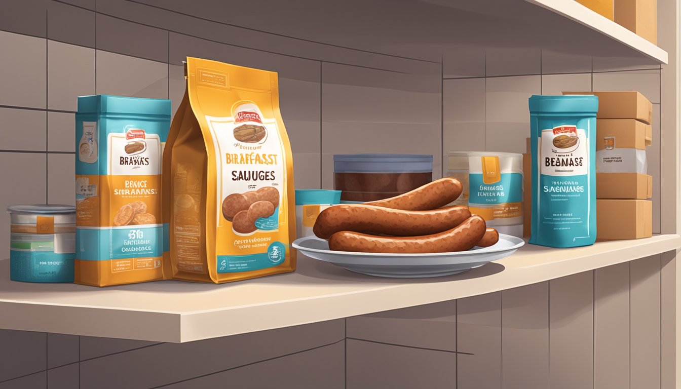 A package of breakfast sausages sits on a kitchen shelf, surrounded by other pantry items. The expiration date is visible on the packaging