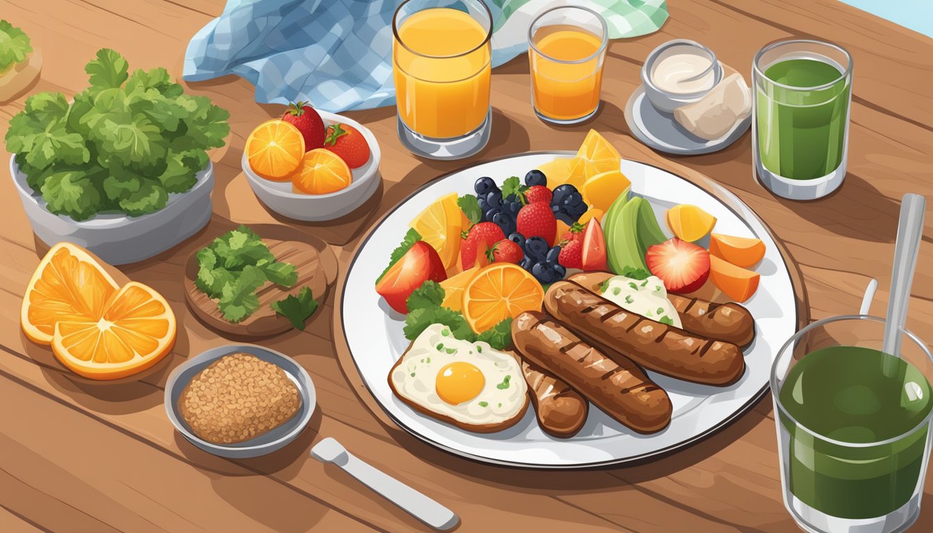 A plate of grilled breakfast sausages surrounded by colorful fruits and vegetables, with a side of whole grain toast and a glass of orange juice