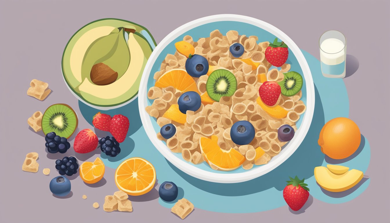 A bowl of breakfast cereal surrounded by various fruits and a glass of milk, with a nutrition label and a question mark above it