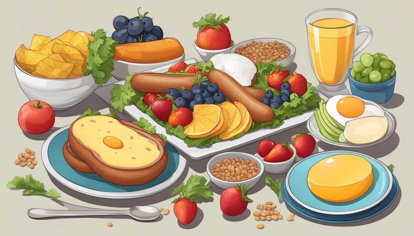 A colorful breakfast plate with sausage, eggs, and vegetables, surrounded by a variety of fruits and grains