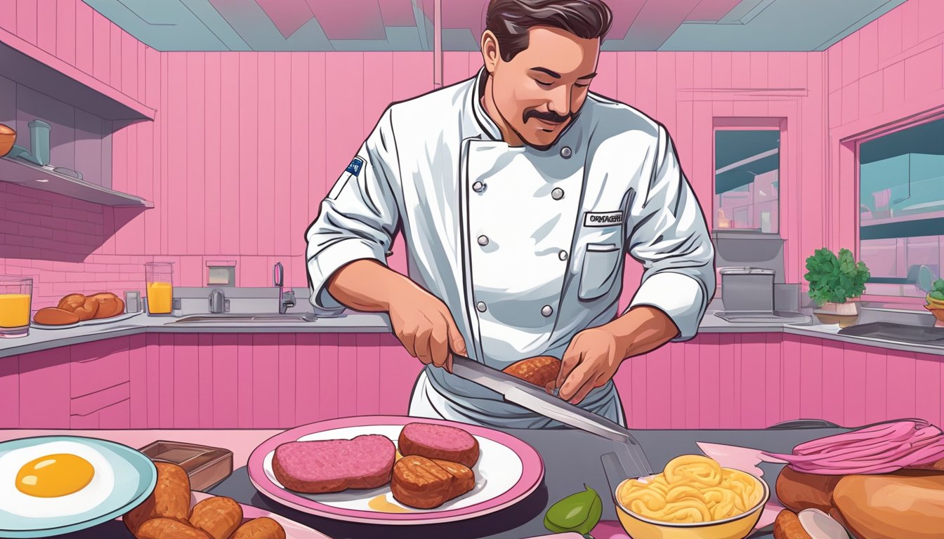 A chef slicing into a breakfast sausage to reveal a pink interior