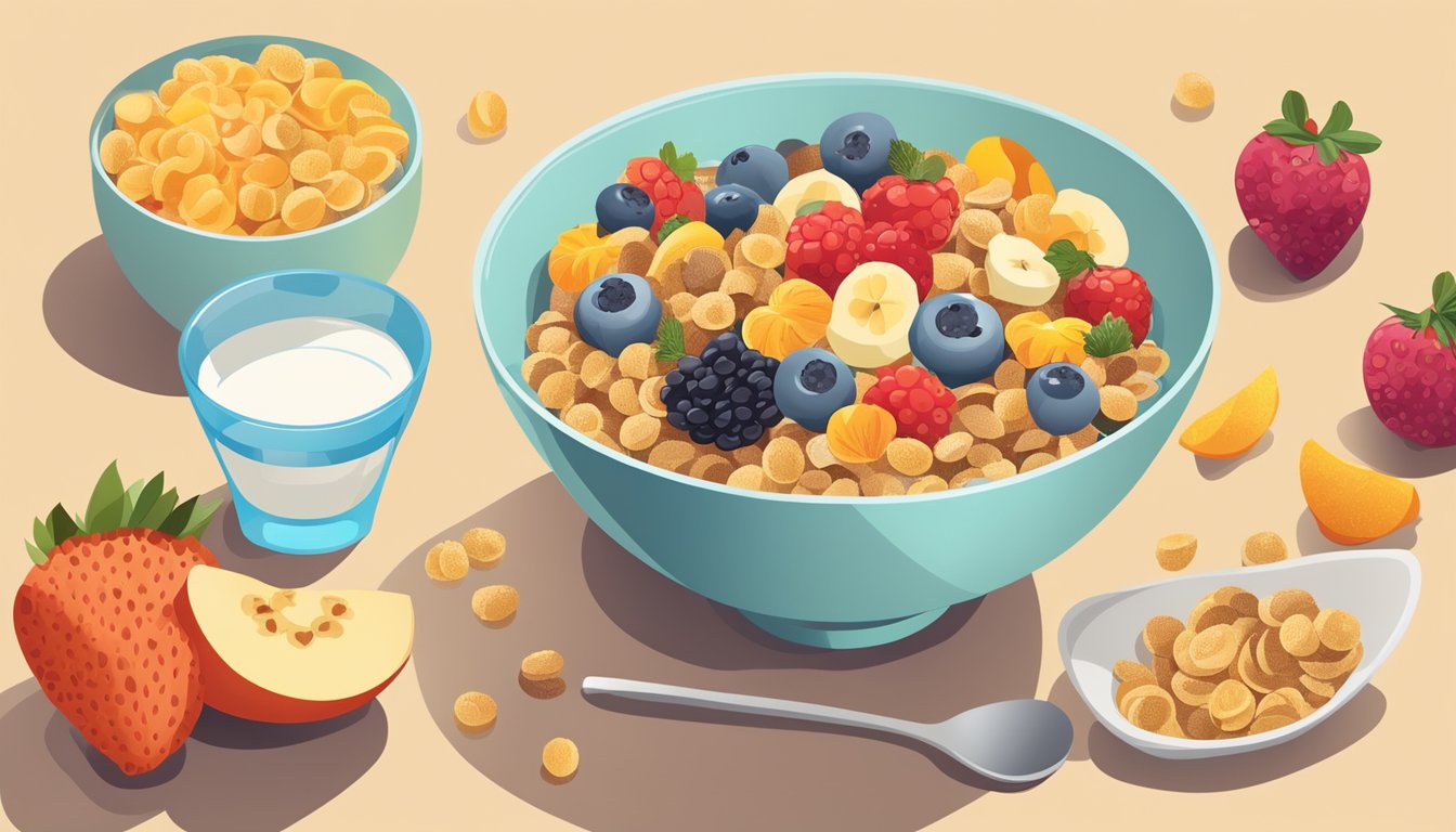 A bowl of breakfast cereal surrounded by foods high in fiber, like fruits and vegetables, with a clear glass of water on the side