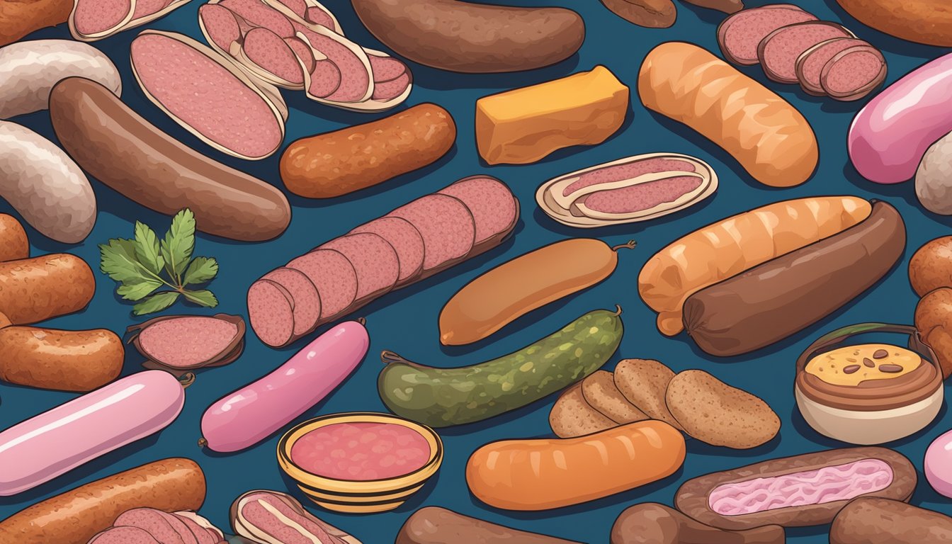 A variety of sausages displayed with different colors and textures, including breakfast sausage cut open to show a pink interior