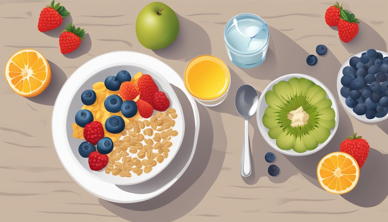 A bowl of breakfast cereal surrounded by fiber-rich fruits and a glass of water, with a clear pathway leading to a healthy digestive system