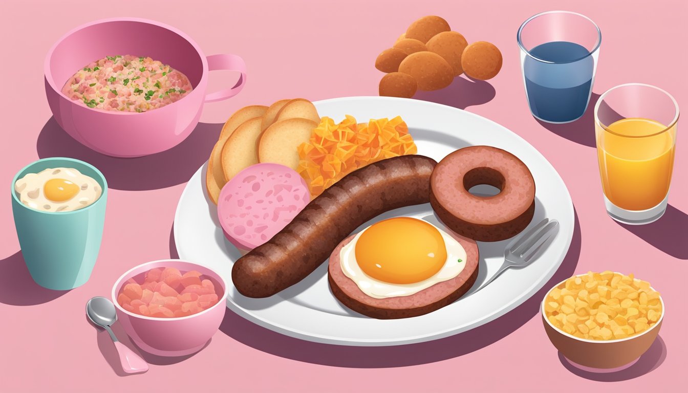 A plate with a sliced breakfast sausage revealing its pink interior, surrounded by other breakfast items