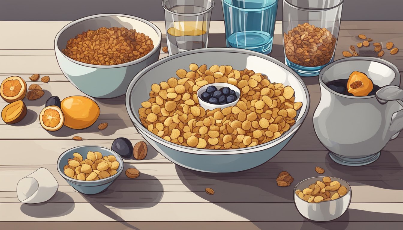 A bowl of breakfast cereal surrounded by a pile of dried fruits and a glass of water on a kitchen table