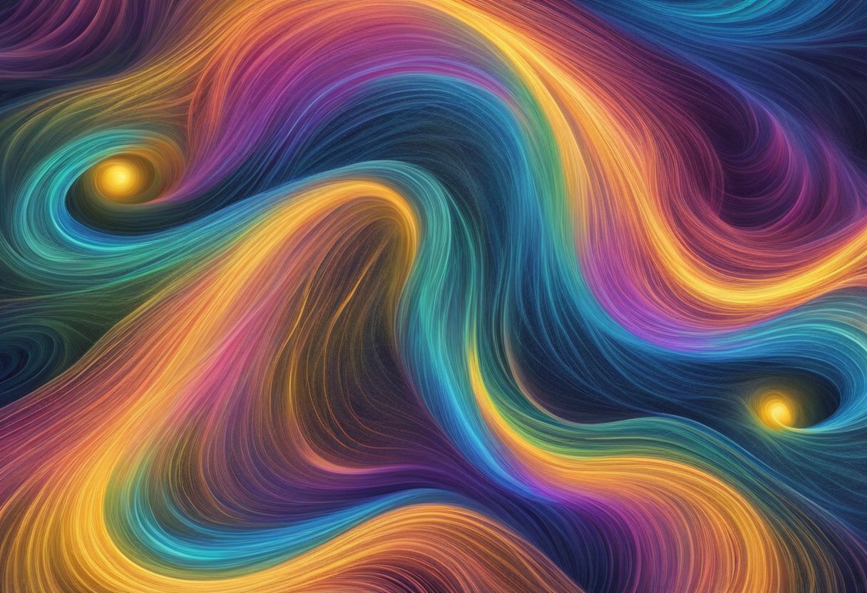 A vibrant, abstract representation of interconnected particles and waves, swirling and merging in a cosmic dance of energy and consciousness