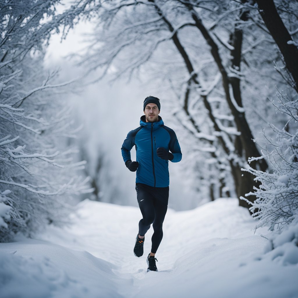 A runner in winter gear, surrounded by snowy trees, with a determined expression, jogging through a cold and snowy landscape