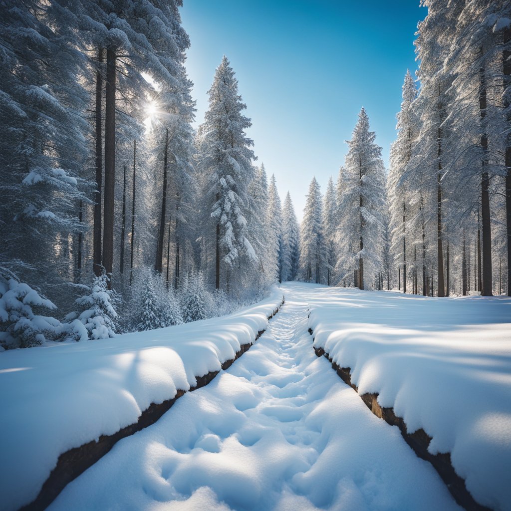 A snowy forest trail with footprints leading into the distance, surrounded by tall evergreen trees and a clear blue sky overhead