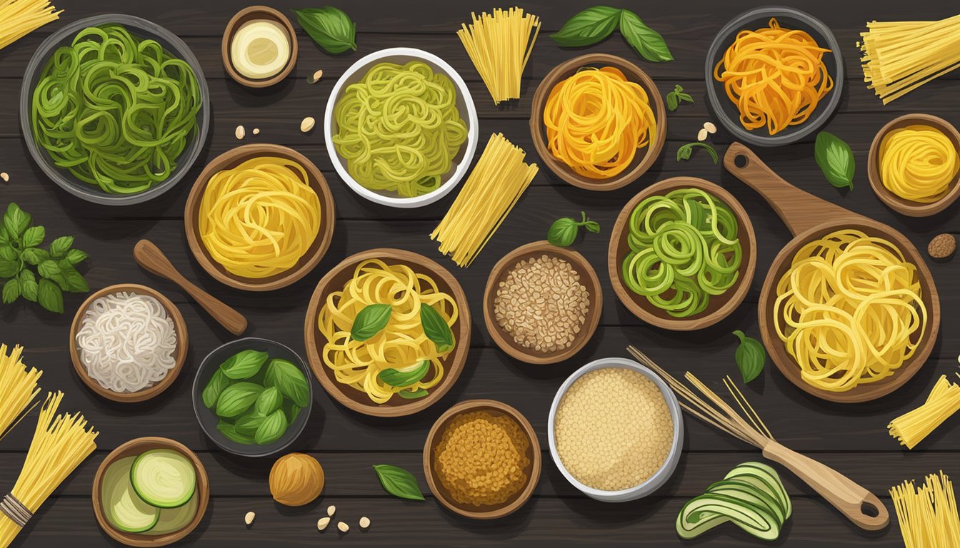 A colorful array of acini di pepe pasta substitutes, including zucchini noodles, spaghetti squash, and quinoa pasta, arranged on a rustic wooden table