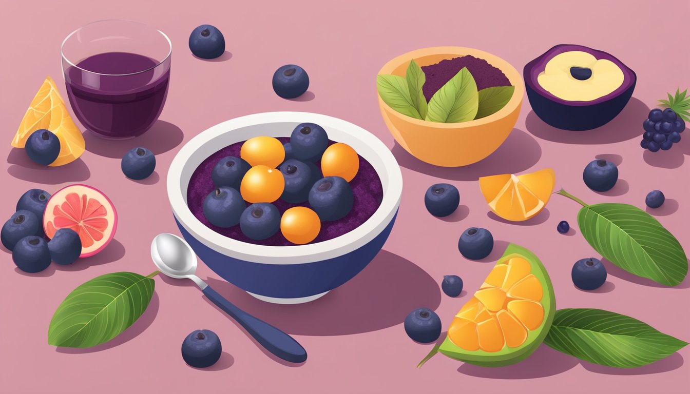 Acai berries and various fruits are arranged around a bowl of acai powder, with a spoon nearby