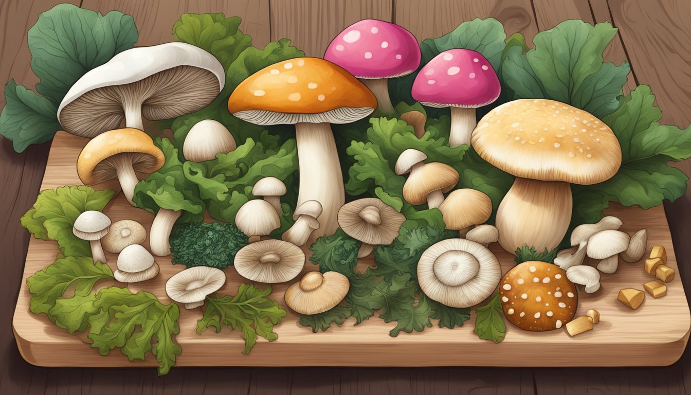 A colorful array of mushrooms, seaweed, and tofu arranged on a wooden cutting board