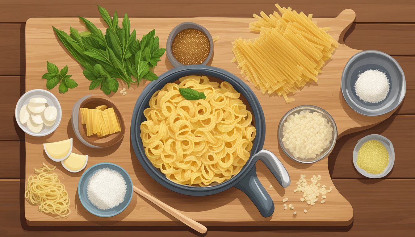 A pot of boiling water with acini di pepe pasta and various alternative substitutes spread out on a wooden cutting board