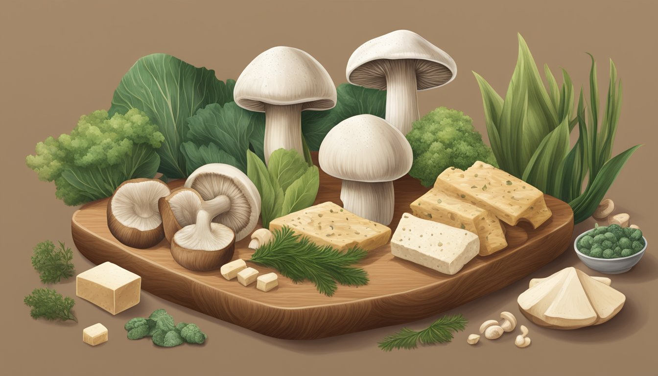 A variety of plant-based ingredients like mushrooms, seaweed, and tofu arranged on a wooden cutting board