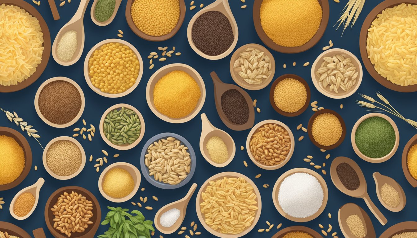 A variety of specialty grains arranged in a colorful display, with acini di pepe pasta placed alongside as potential substitutes