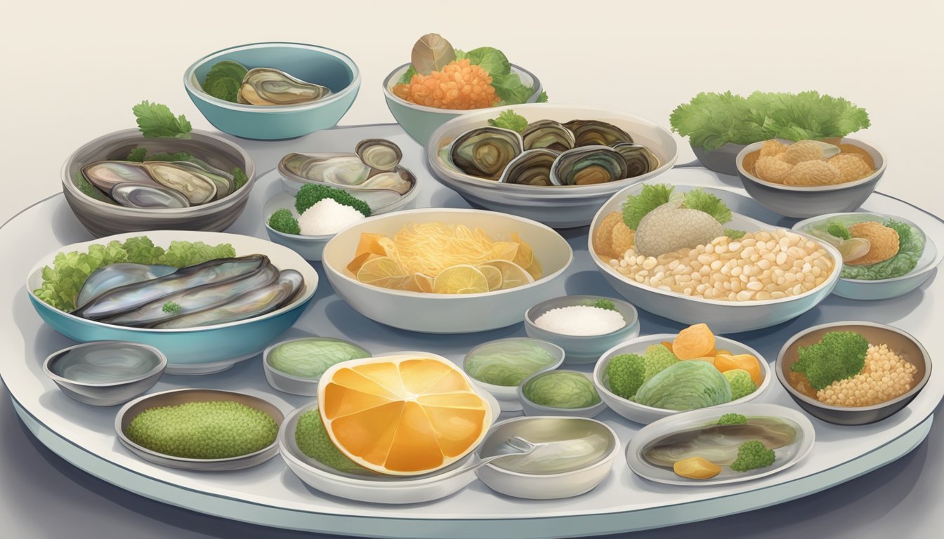 A plate with abalone and various substitute options arranged in a line for comparison