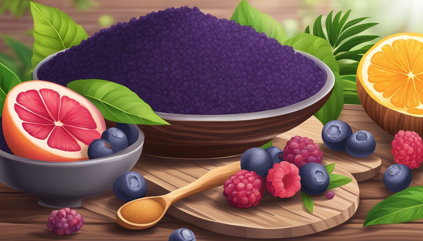 Acai powder and its substitutes arranged in a colorful array on a wooden table, surrounded by fresh fruits and vibrant green leaves