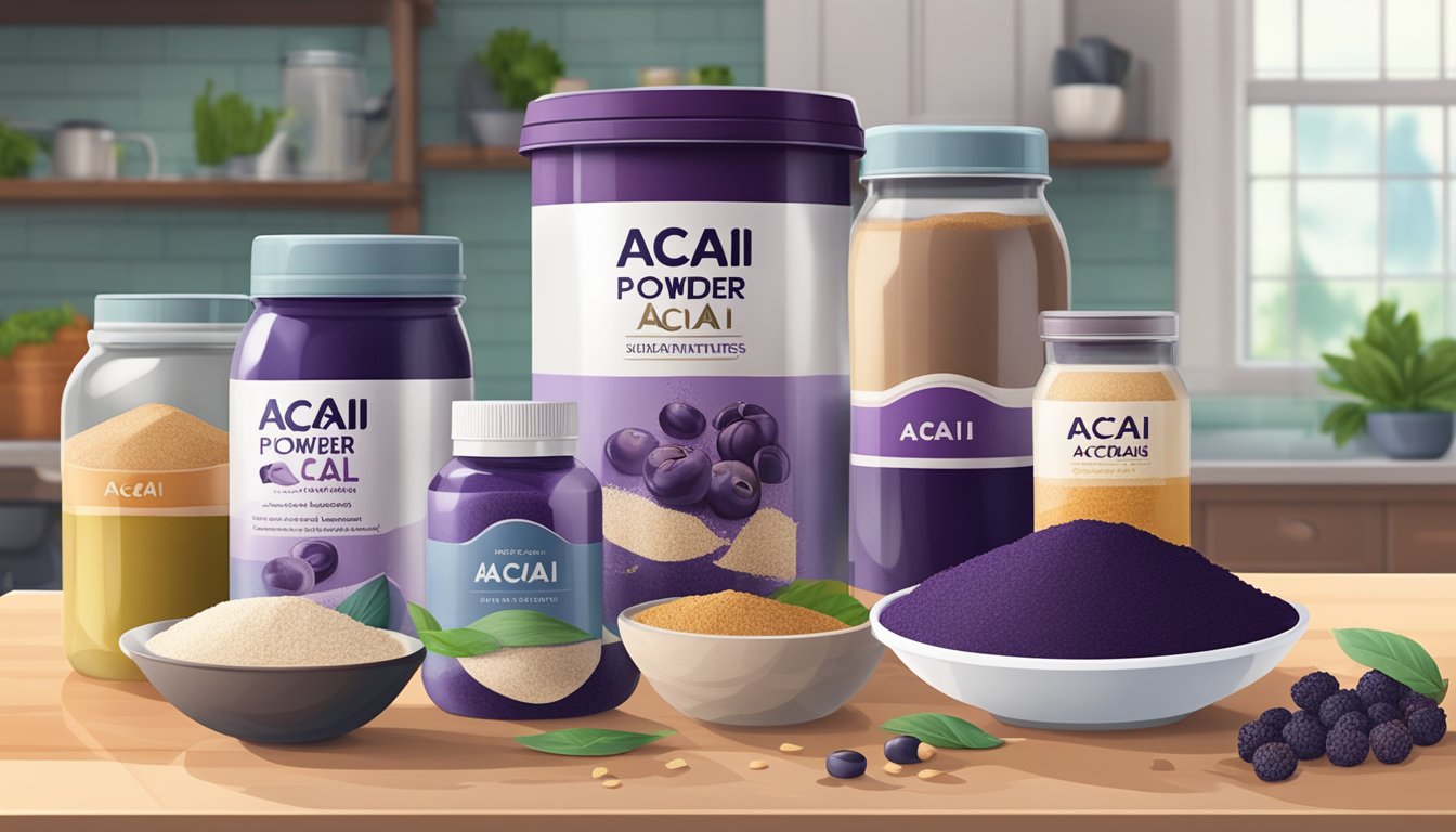 Acai powder and alternative substitutes arranged on a kitchen counter with various cooking and baking ingredients in the background