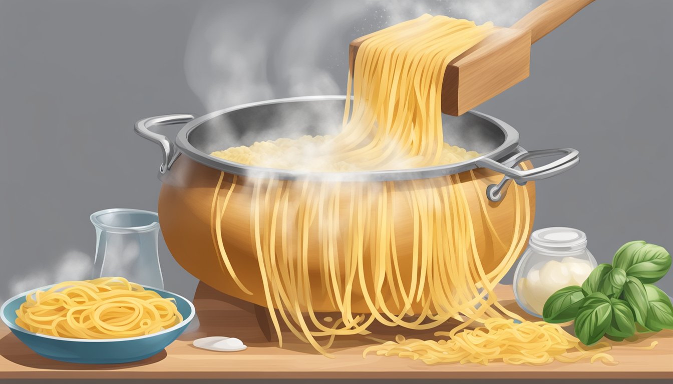 A pot of boiling water with acini di pepe pasta being stirred in. Ingredients for pasta substitutes nearby